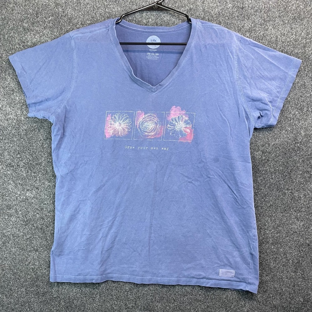 Life is Good Women Blue Grow Your Own Way Floral Graphic V-Neck T-Shirt XXL